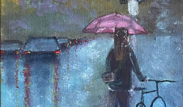 A oil painting of someone standing next to a bike in the rain