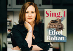 A photograph of Ethel Rohan with the cover to her book Sing, I