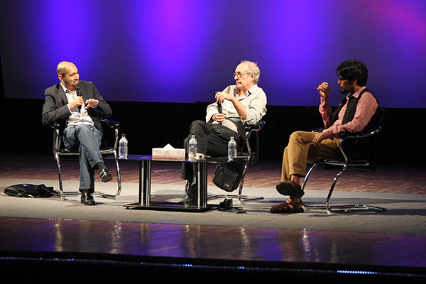 From left: K. Anis Ahmed, Eliot Weinberger, and Pankaj Mishra at the Hay Festival Dhaka, November 14, 2013.