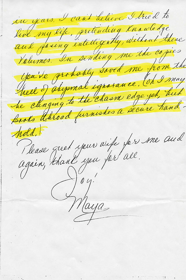 Maya Angelou's handwritten letter to WLT, page 2