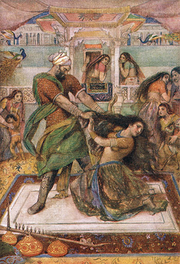 Evelyn Paul, Draupadi Dragged from Her Chamber, 1912, color lithograph from Stories of Indian Gods and Heroes, by W. D. Monro. An ad for the book claimed Monro’s tales were “thoroughly infused with all the glamour and warmth of color of the East.”