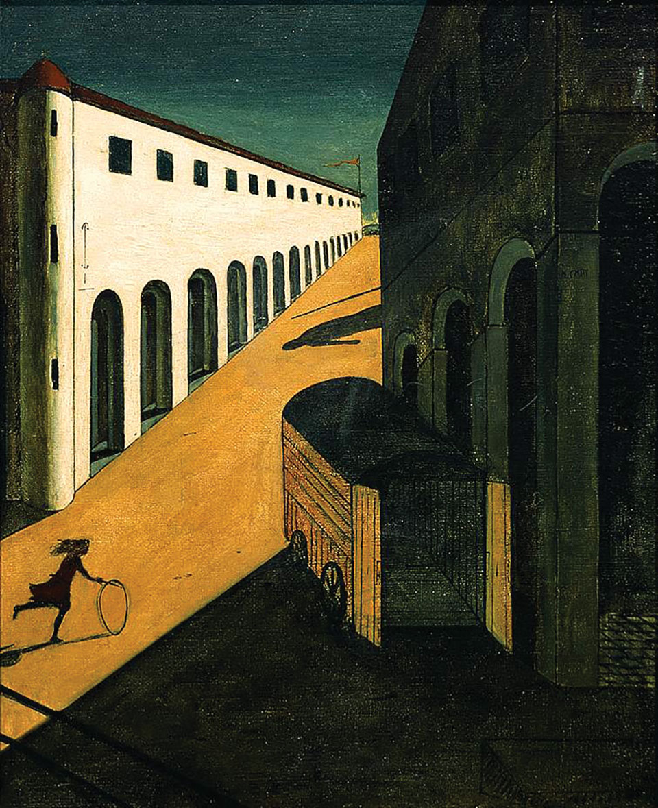 An oil painting of the silhouette of a girl rolling a hoop up a street between two buildings. An ominous shadow of a man, perhaps carrying a spear enters the scene from above.