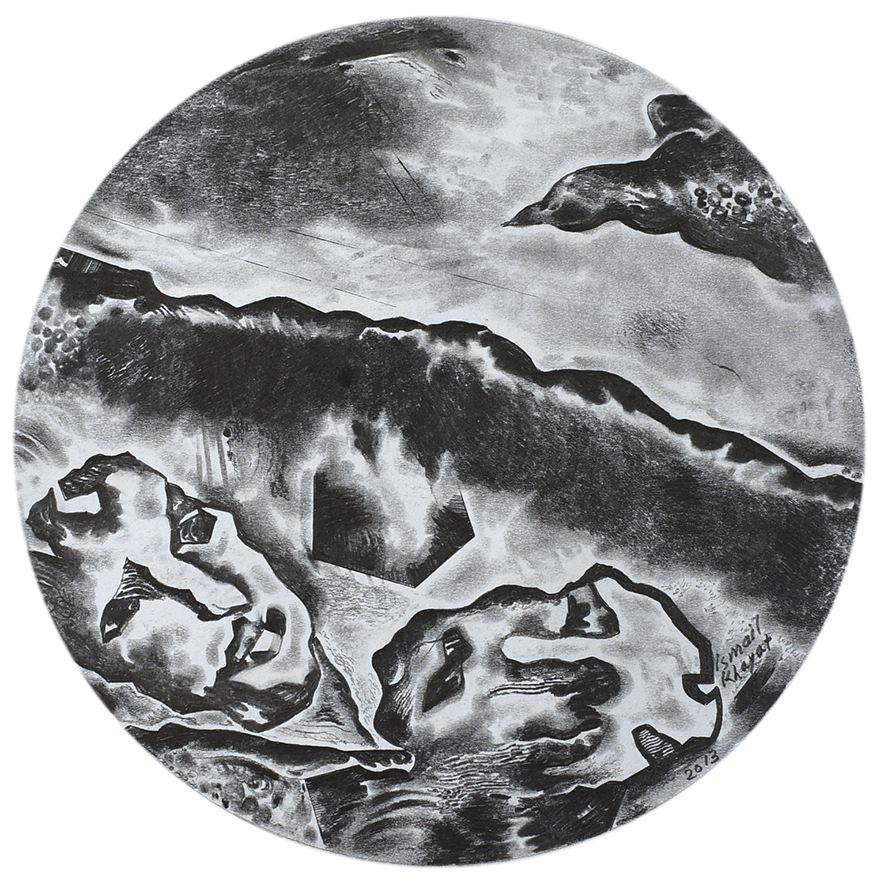 A pencil drawing of two distorted faces juxtaposed beneath what appears to the edge of a wave with another figure that could be a rock or a bird in the upper right hand corner. The whole image is a circle.