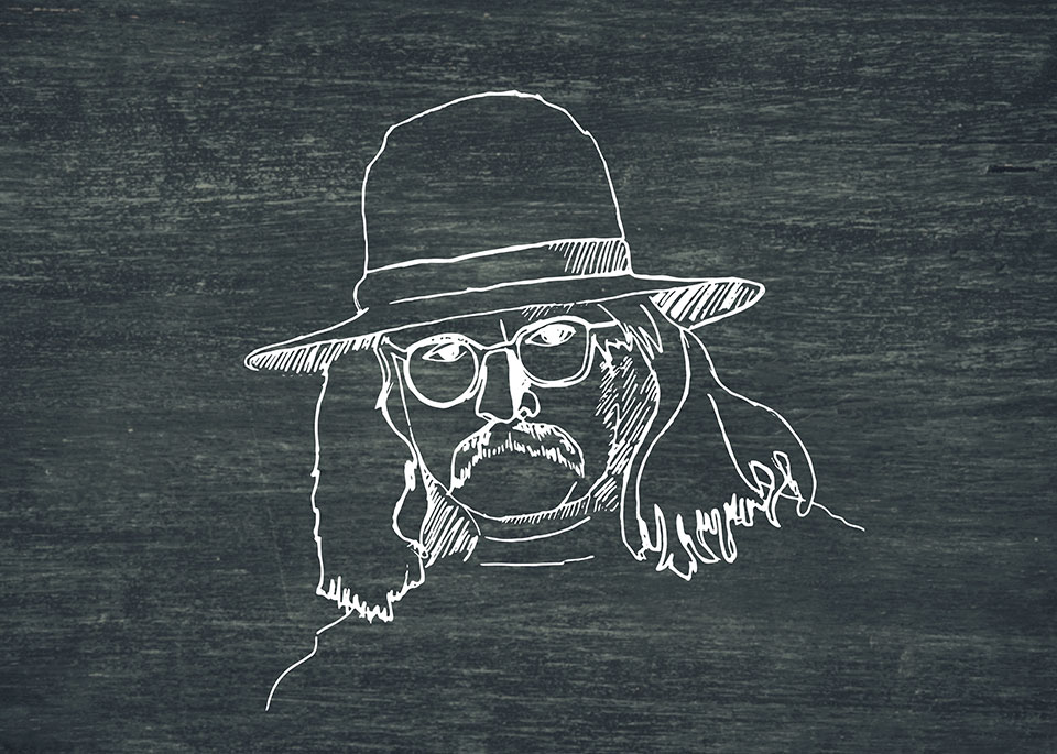 An illustration of Richard Brautigan in white on a slate background