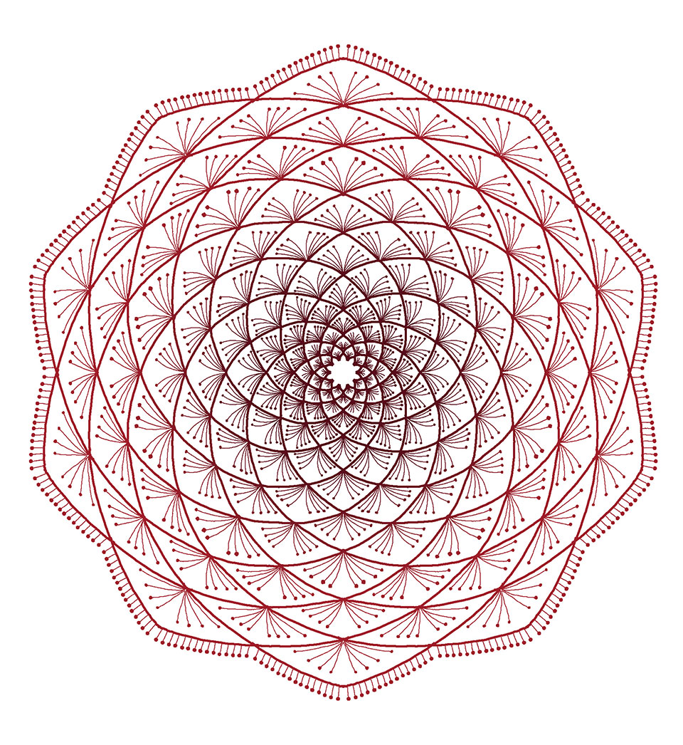 An intricate mandala traced in thin henna red lines