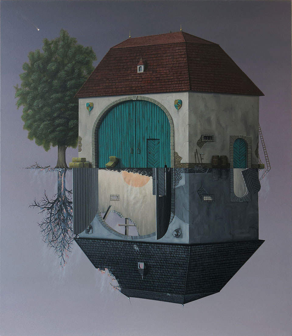 A painting of two houses, one bright and right side up, the other dark and upside down, meeting at their floors