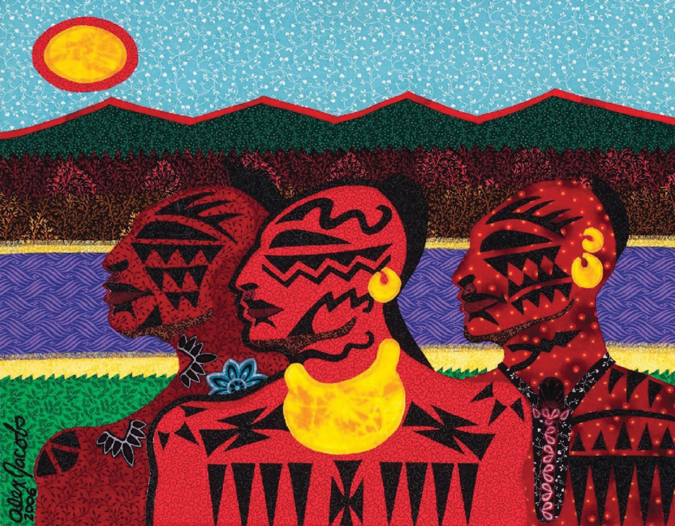 A fabric collage of three Kaninekahake people wth a geometric representation of mesas and the sun in the background