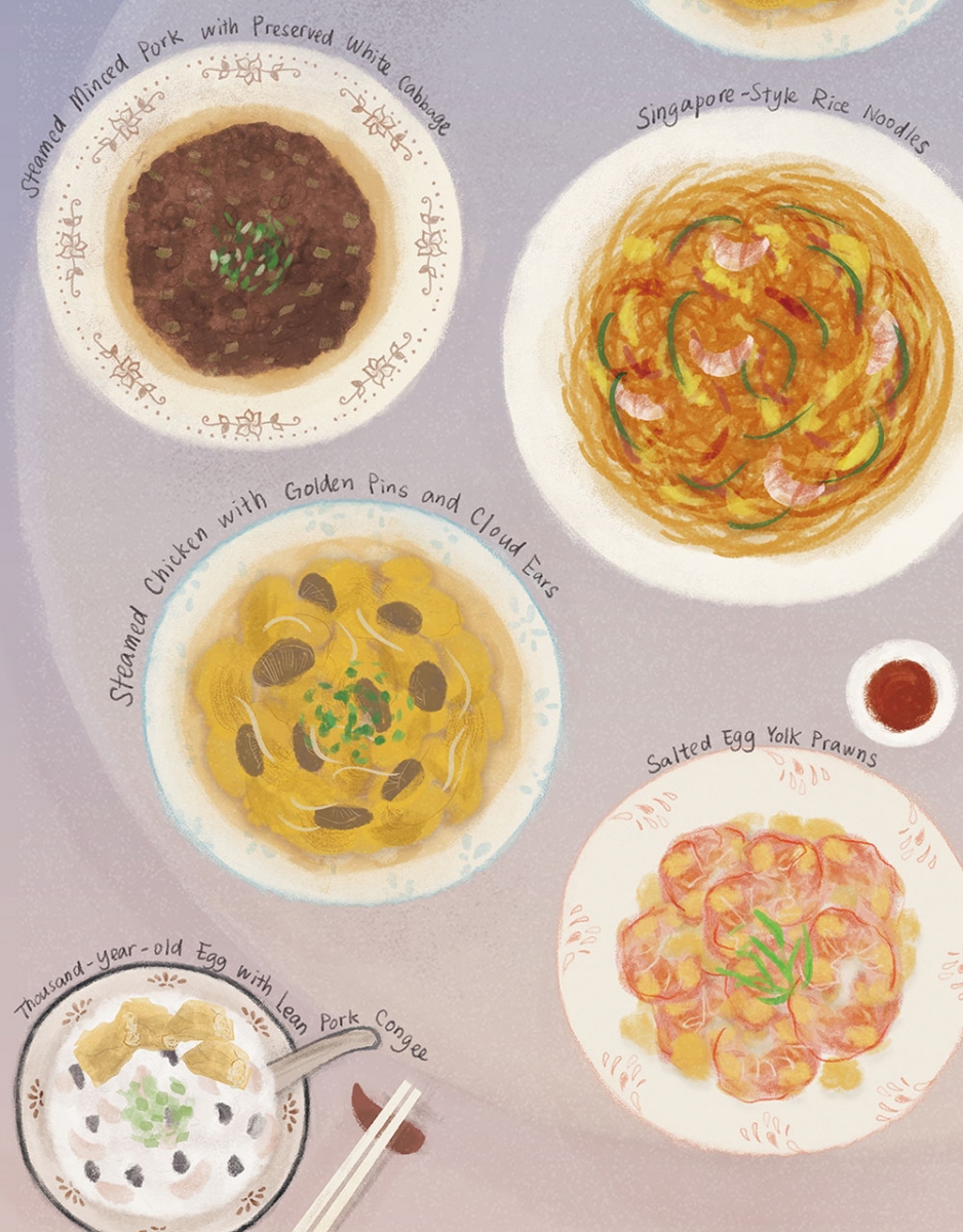 An illustration showing four Hong Kong food dishes. Text surrounding reads Steamed Minced Pork with Preserved White Cabbage, Singapore Style Rice Noodles, Steamed Chicken with Golden Pins and Cloud Ears, Salted Egg-Yolk Prawns, and Thousand-Year-Old Egg with Lean Pork Congee