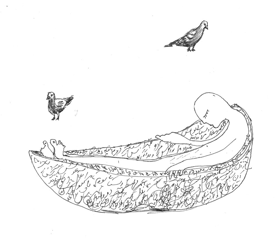 A line drawing of a person in a hammock with birds nearby