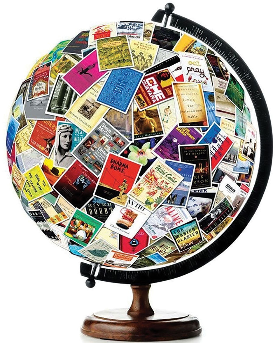 A globe covered in book covers