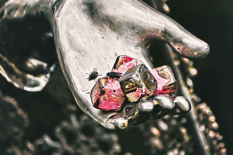 A photograph of a cluster of metal nuts, covered in some kind of red substance, inside of the hand of a metal statuary. A few bees linger in the palm.