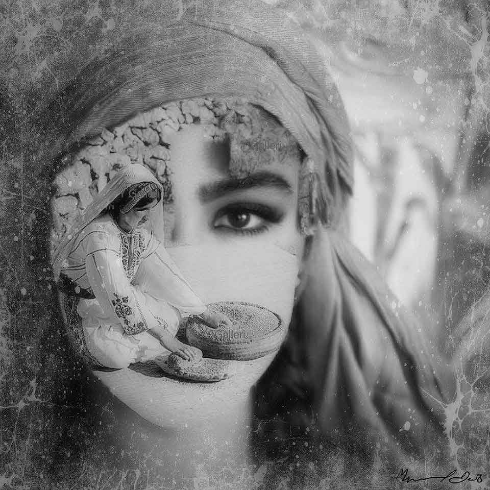 A black and white photomontage of a woman's partially veiled face with an image of a woman making flat bread partially obscuring her face