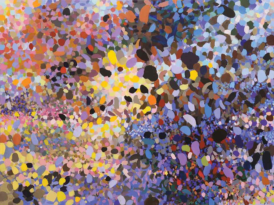An abstract painting composed of round colorful shapes