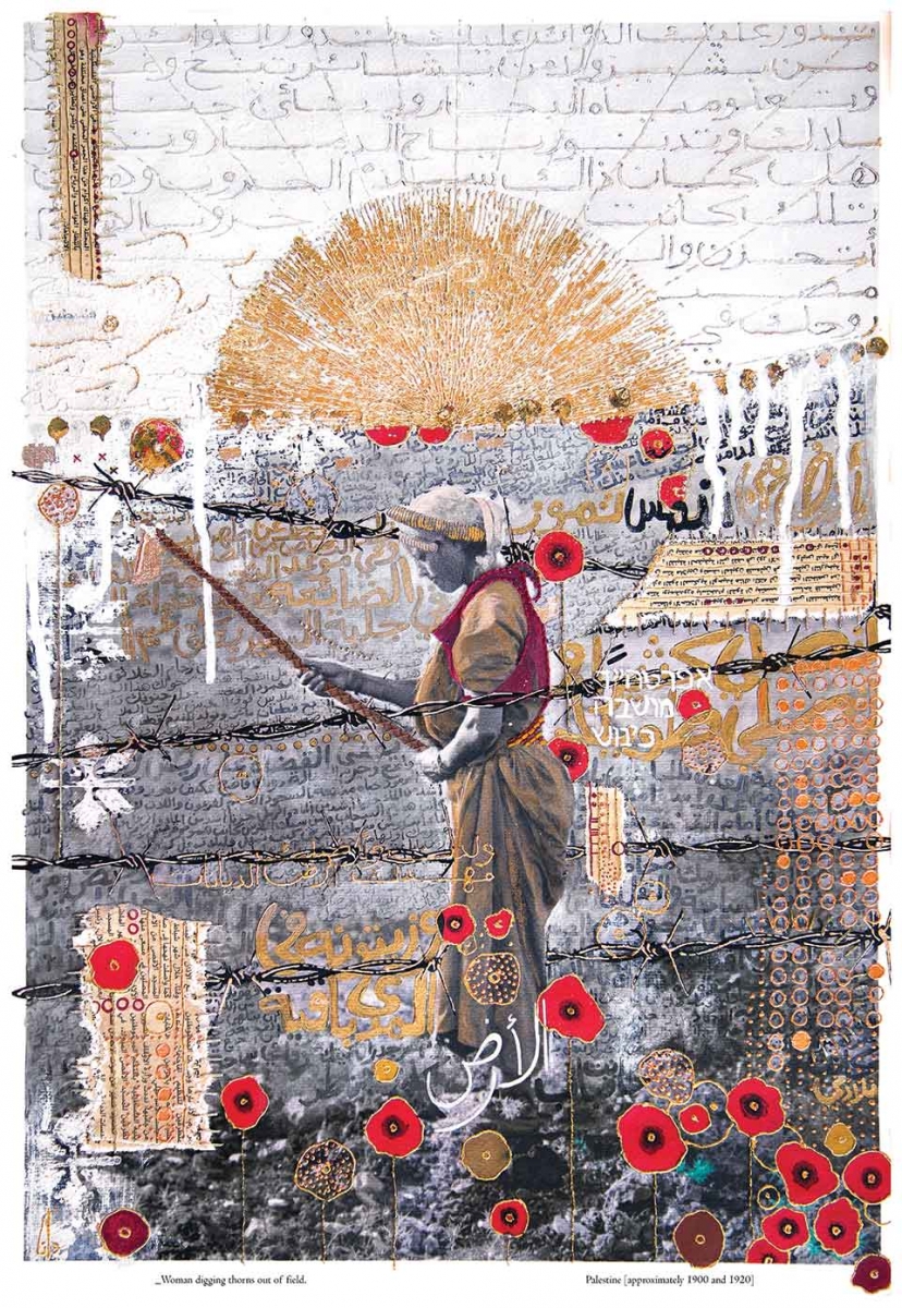 A mixed media illustration of a woman pulling down barbed wire with a rope