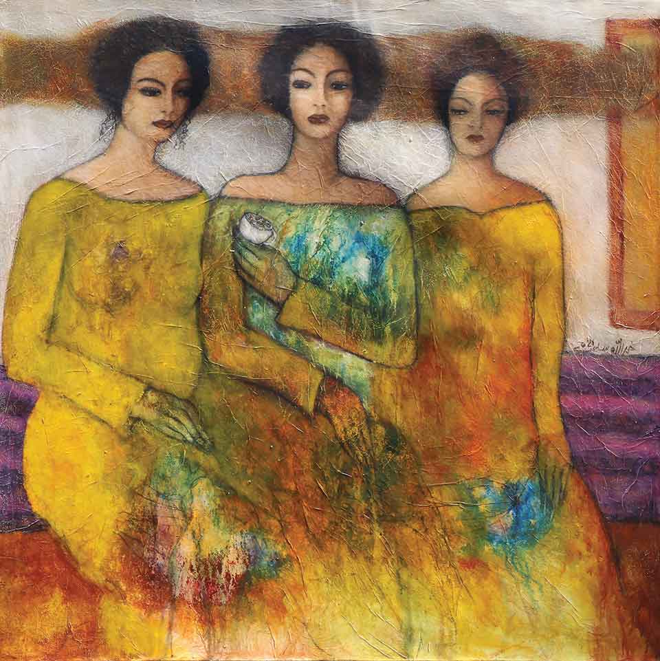 A gauzy illustration of three women in long dresses
