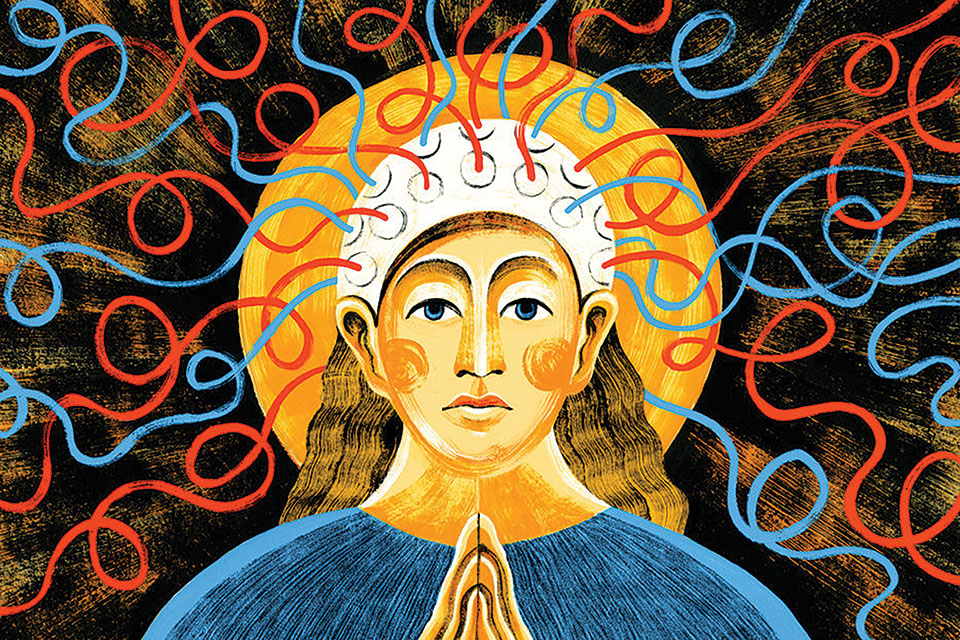 An iconographic illustration of a saint, hands clasped in prayer with a halo emitting from her head
