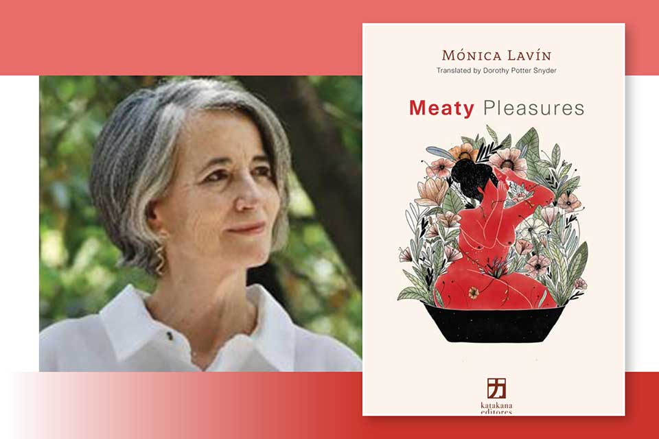 A photograph of Monica Lavin juxtaposed with the cover to her book Meaty Pleasures