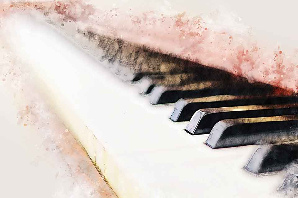A close-up photograph looking down the keyboard of a piano, run through a digital filter that makes it appear to be a watercolor painting toward the edges