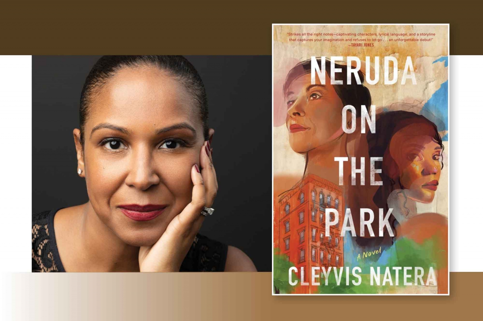 A photograph of Cleyvis Natera juxtaposed with the cover to her book Neruda on the Park