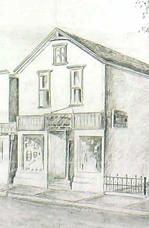 A pencil drawing of the bookstore