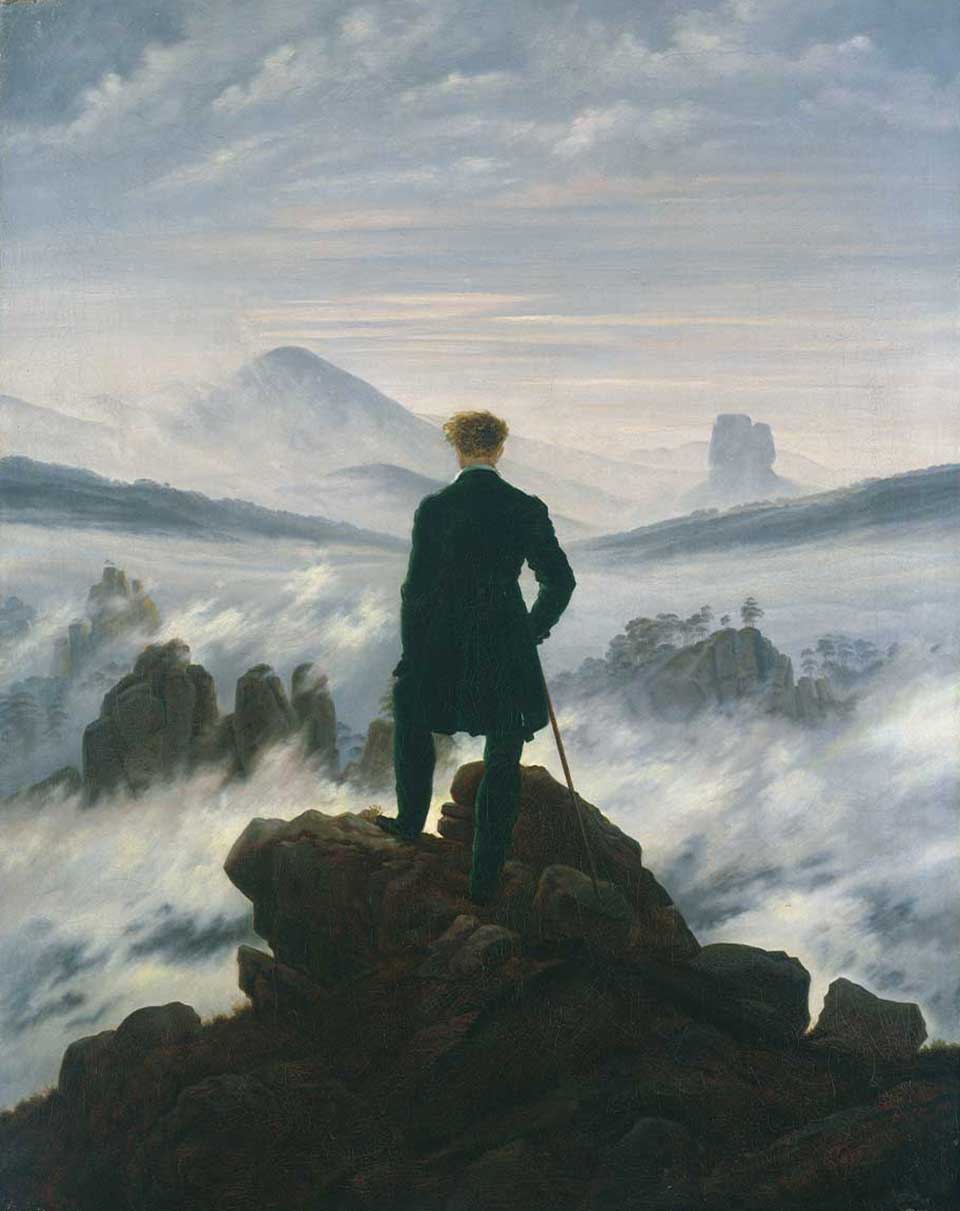 A painting of a man standing atop a mountain with clouds swirling down below