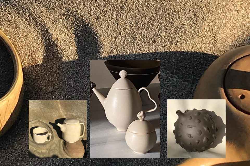 A collage of three ceramic pieces against a larger photograph of sand