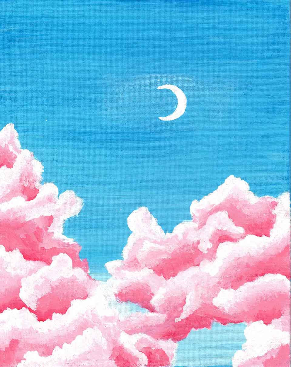 A painting of a crescent moon hovering above a bed of pink clouds