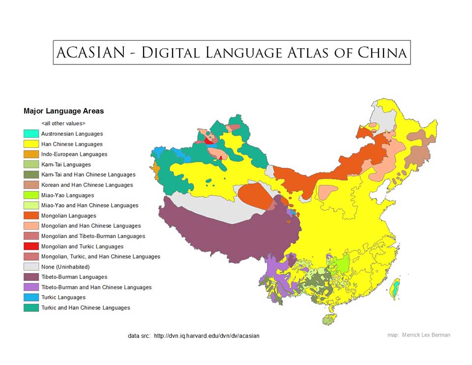 A map of China with various indigenous languages mapped out