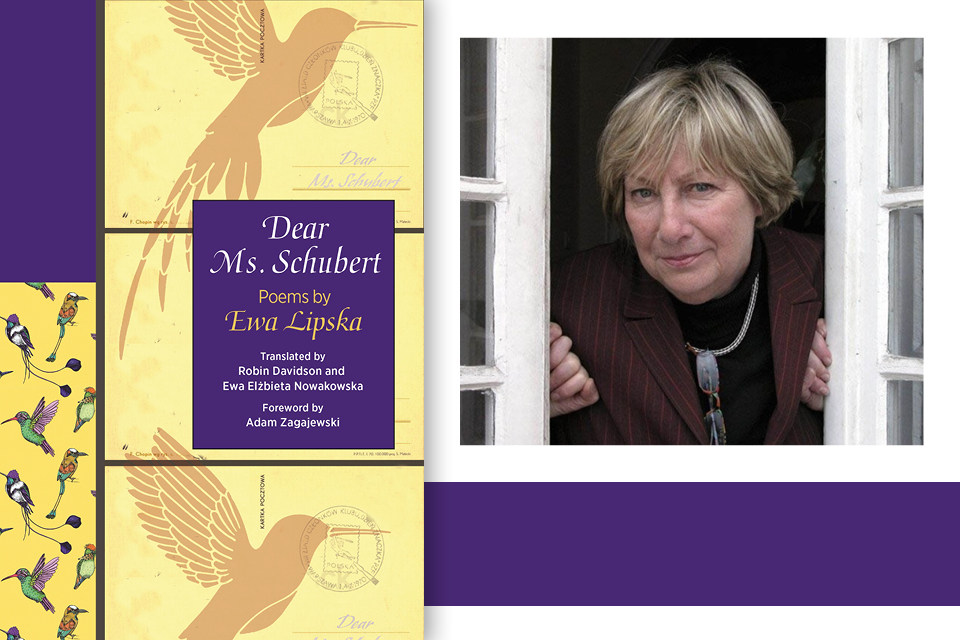 A photograph of Ewa Lipska juxtaposed with the cover to her book Dear Ms. Schubert