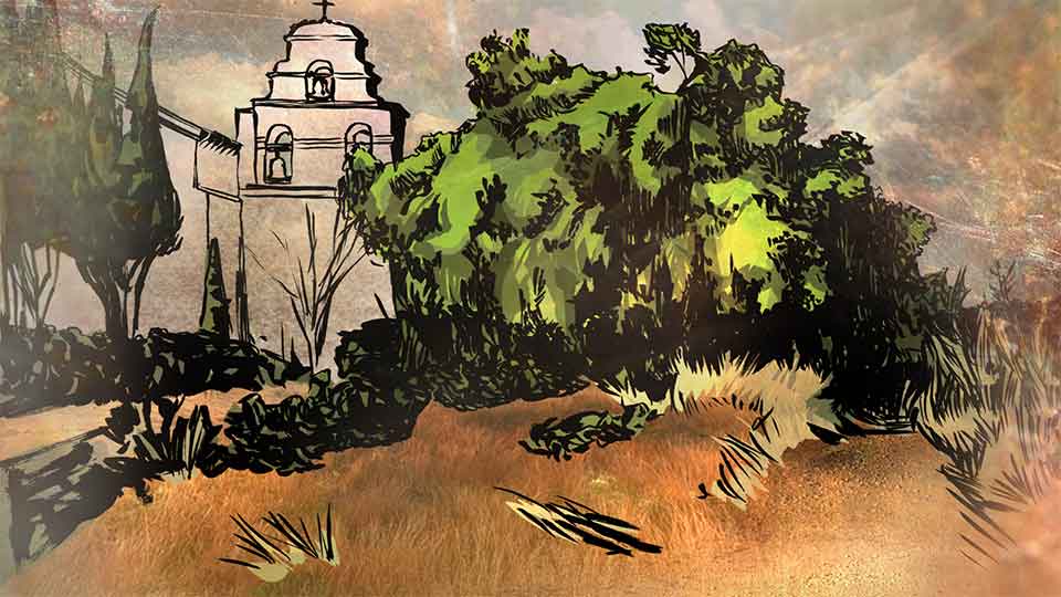 A color drawing of a stone building with a tree featured prominently in the foreground