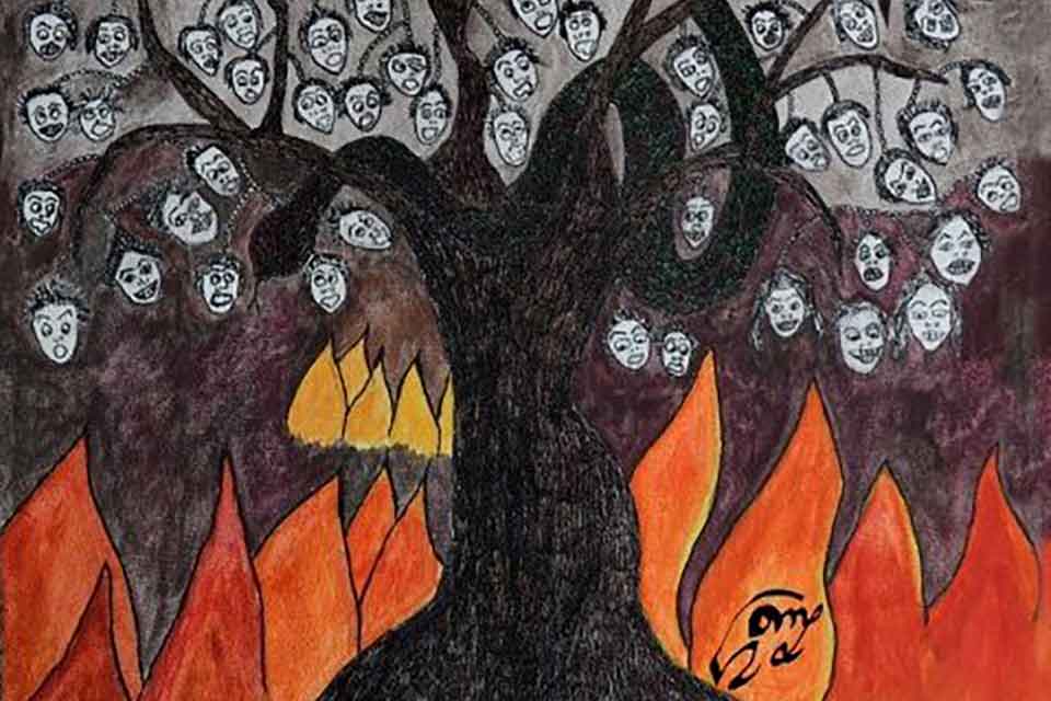 An illustration of a tree with flames around its root. The faces of people populate the branches like fruit