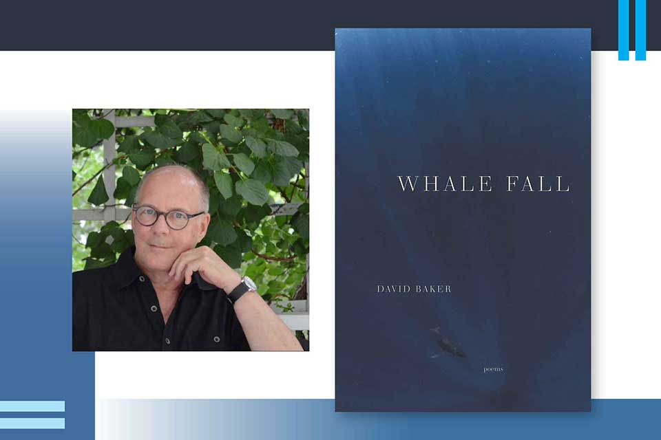 A photograph of David Baker juxtaposed with the cover to his book Whale Fall