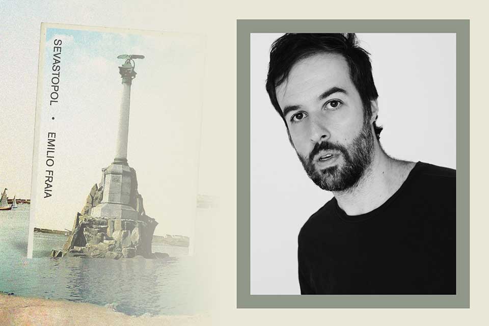 The cover to Emilio Fraia's Sevastopol juxtaposed with a photograph of the author