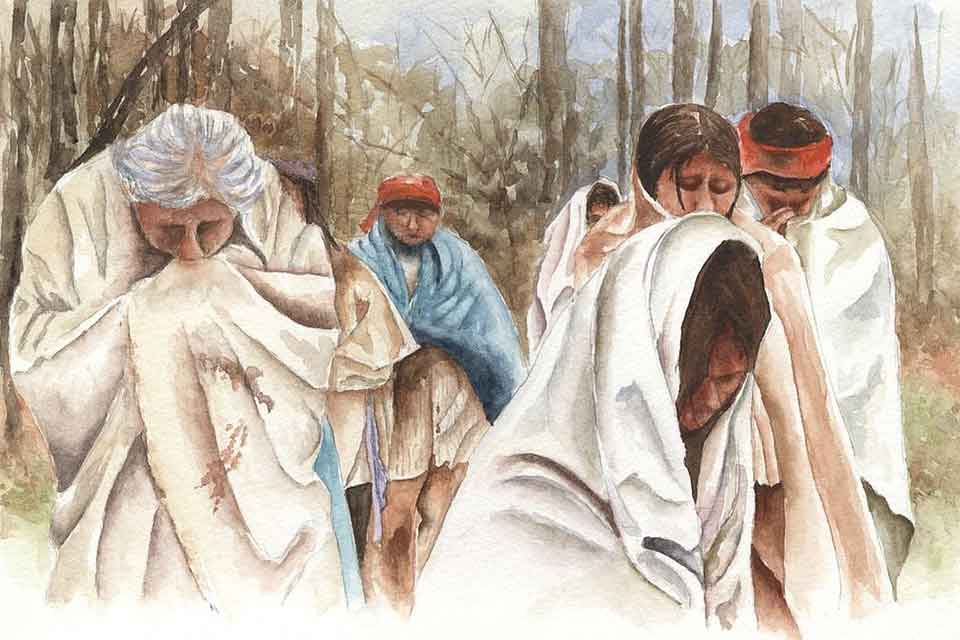 An illustration of several indigenous people, cloaked while walking through a forest