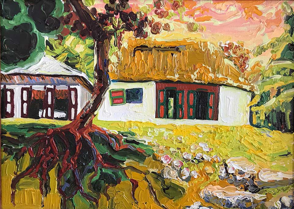 An oil painting of a house surrounded by woodlands. The paint is very heavily layer, creating texture at the surface.