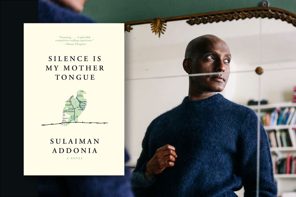 A photograph of Sulaiman Addonia juxtaposed with the cover to his book Silence Is My Mother Tongue