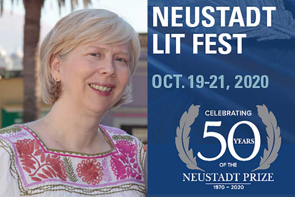 A photograph of NSK Juror Cynthia Weill juxtaposed with the logo for the Neustadt Lit Fest