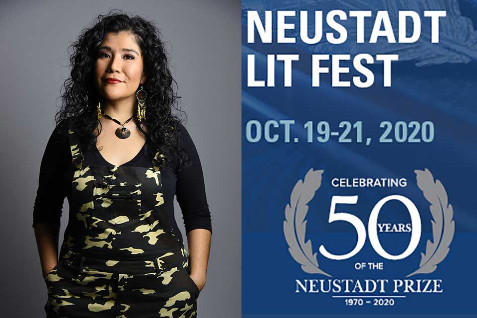A photograph of Tanaya Winder juxtaposed with the Neustadt Lit Fest 50th Anniversary Logo