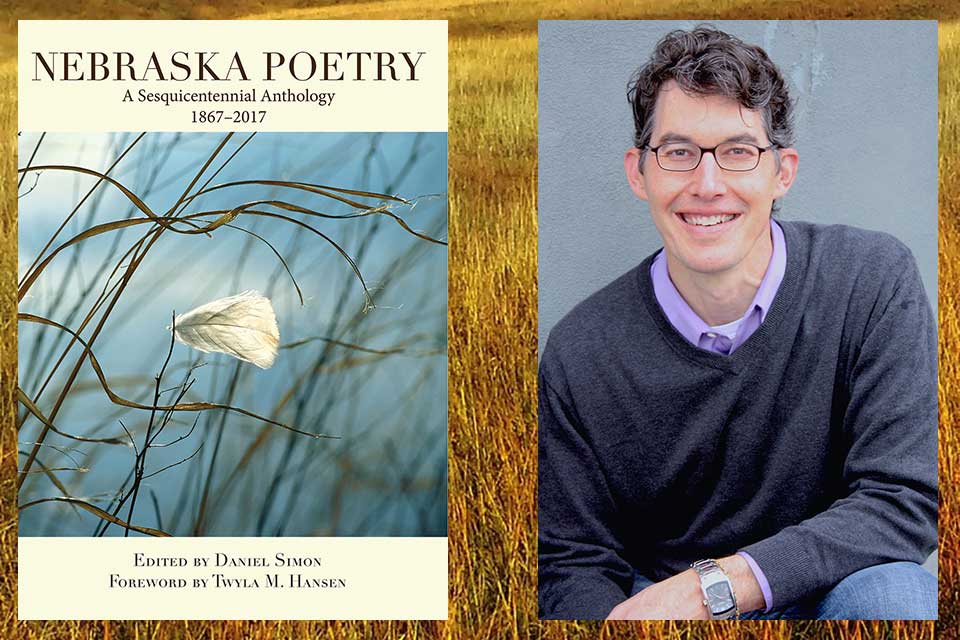 The cover to Nebraska Poetry juxtaposed with a photo of editor Daniel Simon