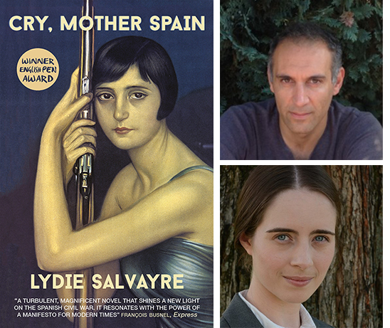 Cry, Mother Spain book cover. Photos of Ben Faccini and interviewer Kelsey Madsen