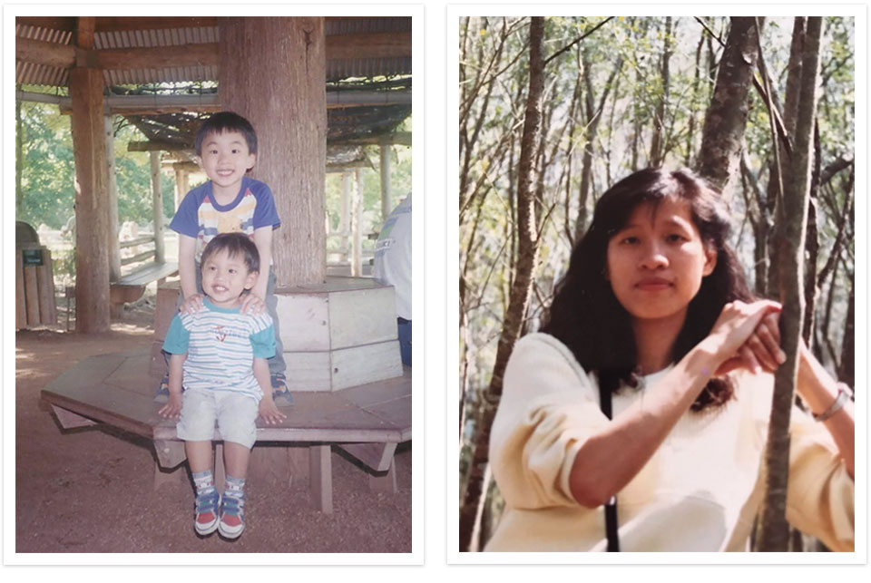 Two Polaroid style photos, clearly aged by the faded quality of the covers. On the left two young children pose. On the right, a woman looks directly at the camera with a forest in the background.