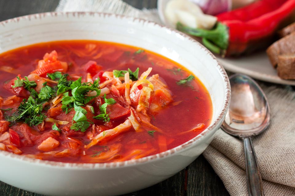 A bowl of borscht soup