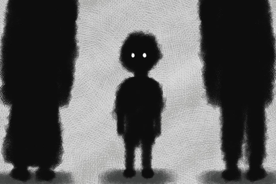 An illustration of a child in shadow with glowing eyes standing between two adult figures in silhouette