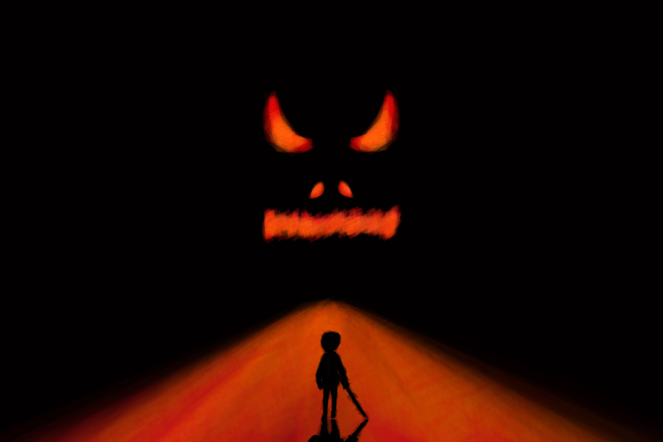 An illustration of a demonic red face emerging from the darkness over the silhouette of a child