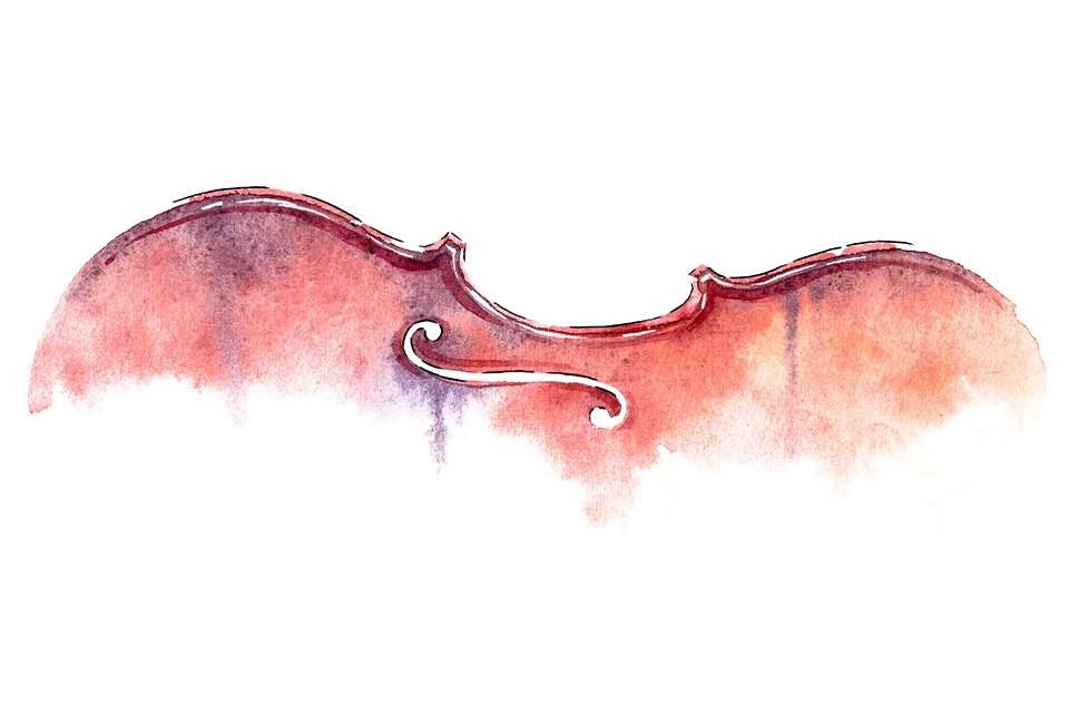 A painting of a violin that fades to white from top to bottom