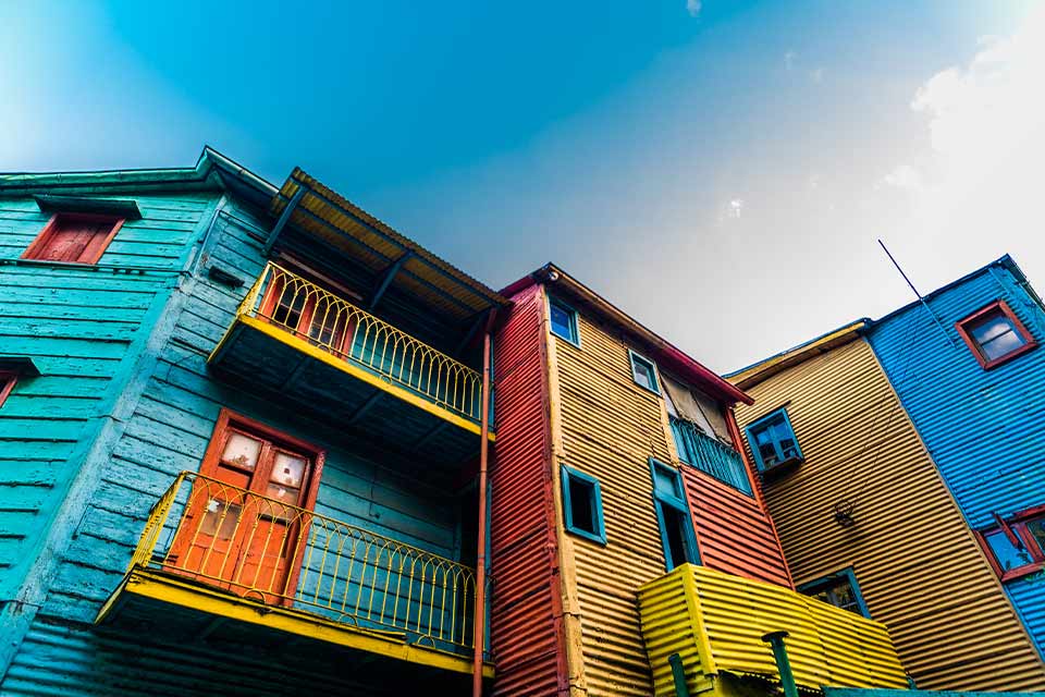 A photograph of a colorful building