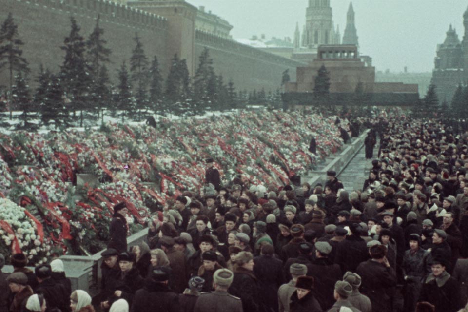 An aerial shot of a very crowded state funeral