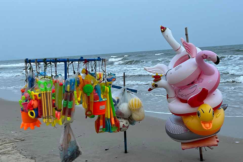 A photograph of plastic and vinyl toys at the beach's edge