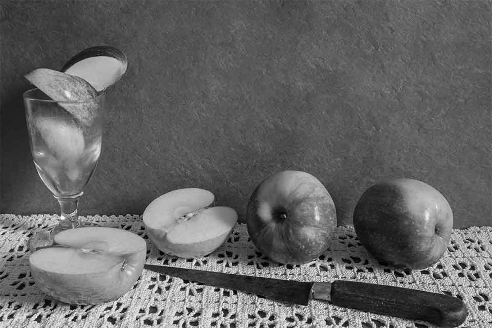 A pencil illustration of fruit cut up on a table