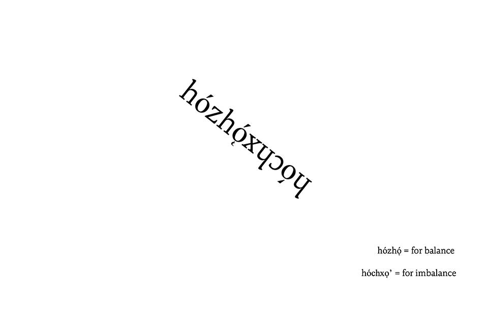 Two Diné words mashed up, hózhó (balance) and hóchxo’ (imbalance)